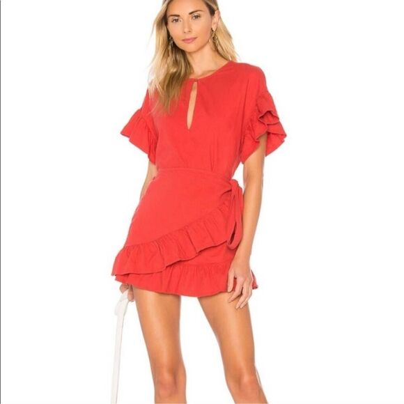 Tularosa Dresses & Skirts - Tularosa x Revolve Womens Linen Wrap Mini Dress Sz Small Red Ruffle Beach Island